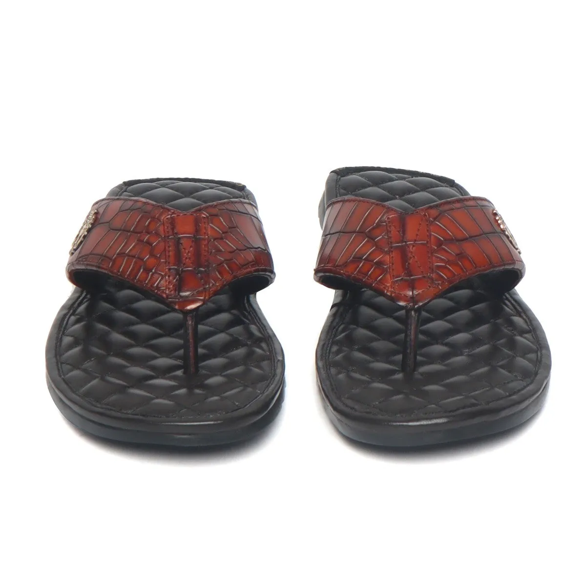 Cognac V- Strap Slide-in Slippers with Diamond Stitched Base in Deep Cut Leather