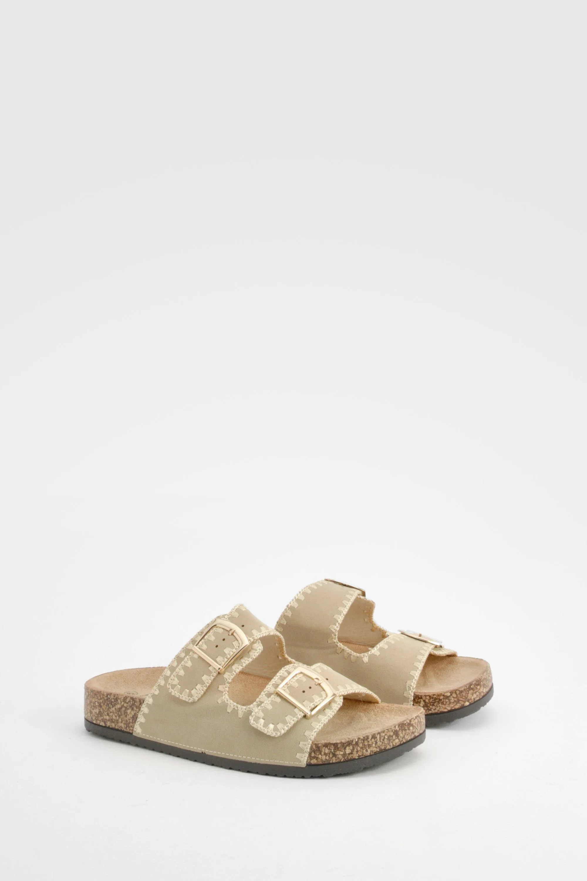 Contrast Stitch Detail Double Buckle Slides