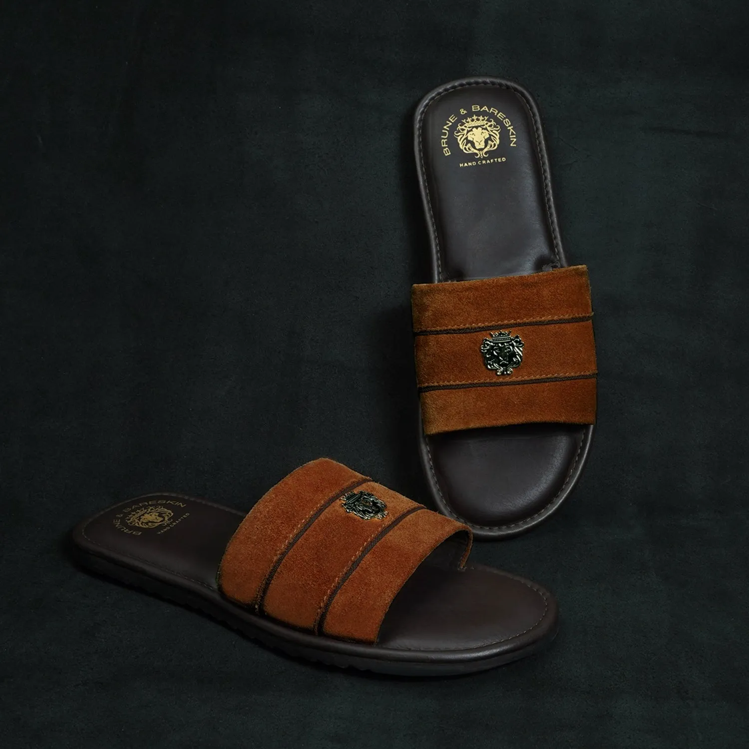 Contrasting Strap Slide-in Slippers with Orange Suede Leather by BRUNE & BARESKIN