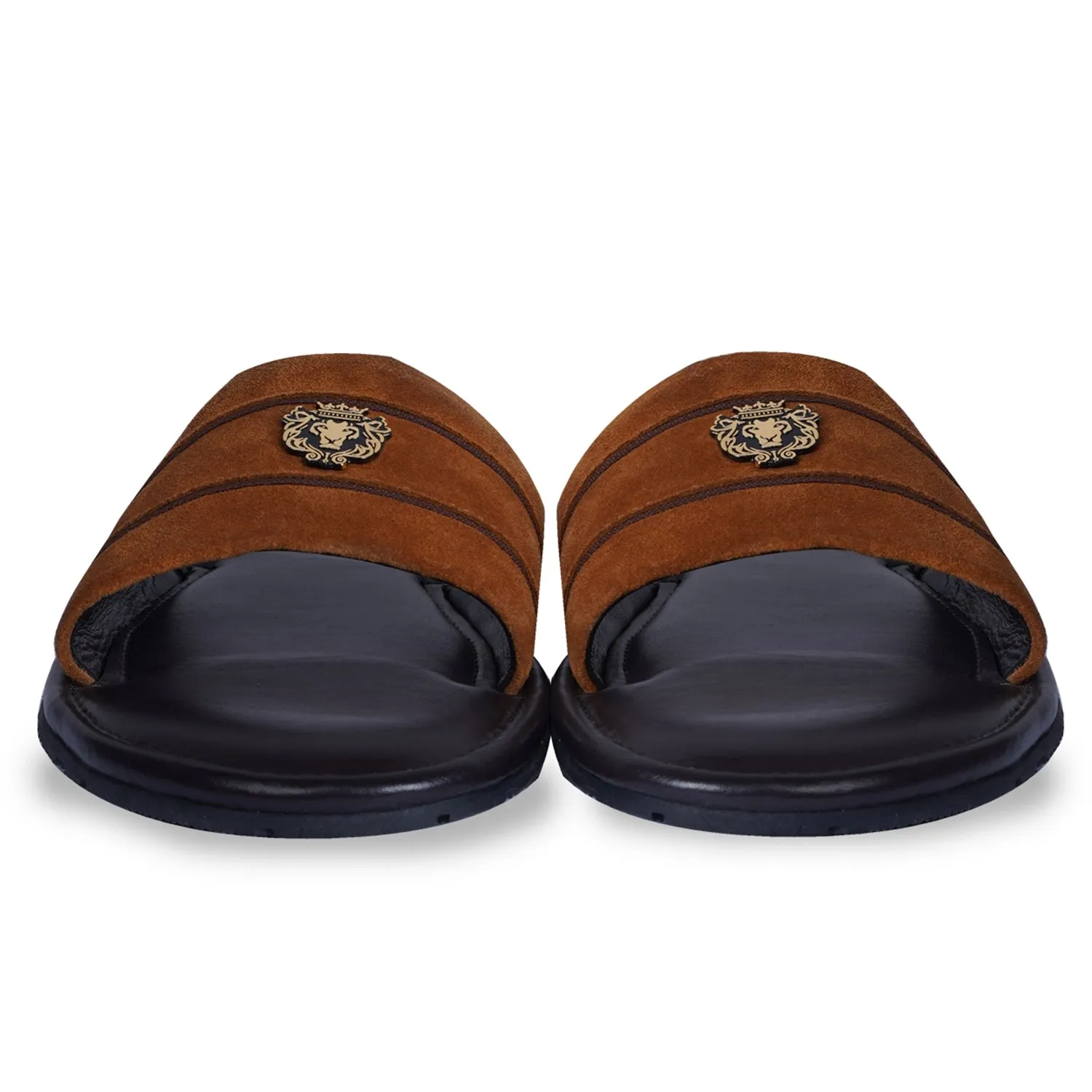 Contrasting Strap Slide-in Slippers with Orange Suede Leather by BRUNE & BARESKIN