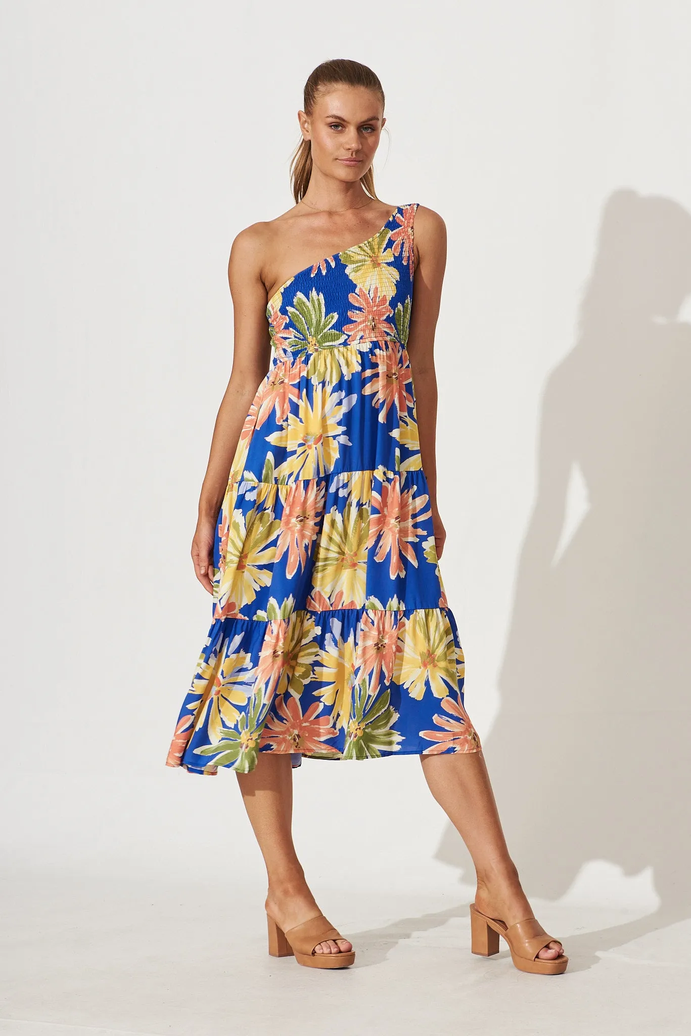 Coogee One Shoulder Midi Dress In Blue Multi Floral Print