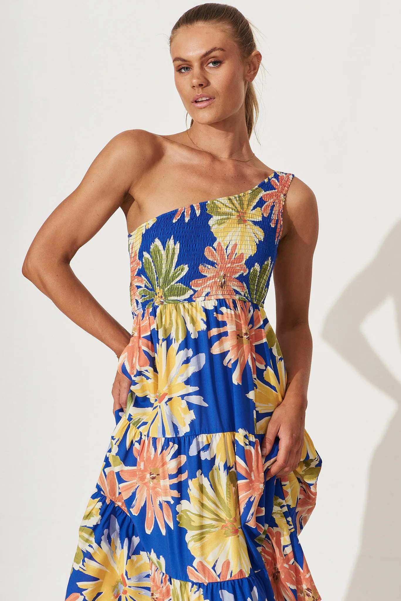 Coogee One Shoulder Midi Dress In Blue Multi Floral Print