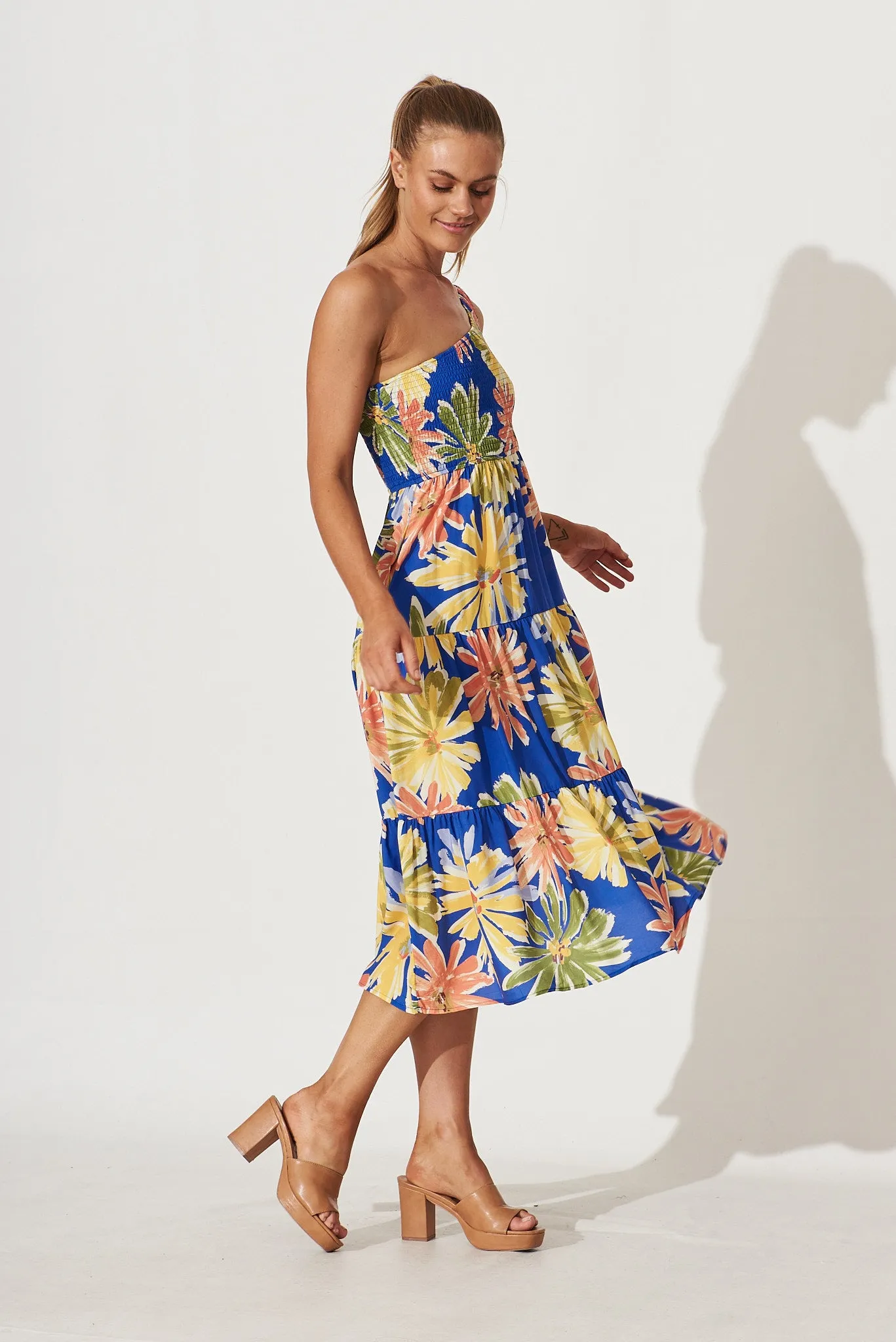 Coogee One Shoulder Midi Dress In Blue Multi Floral Print