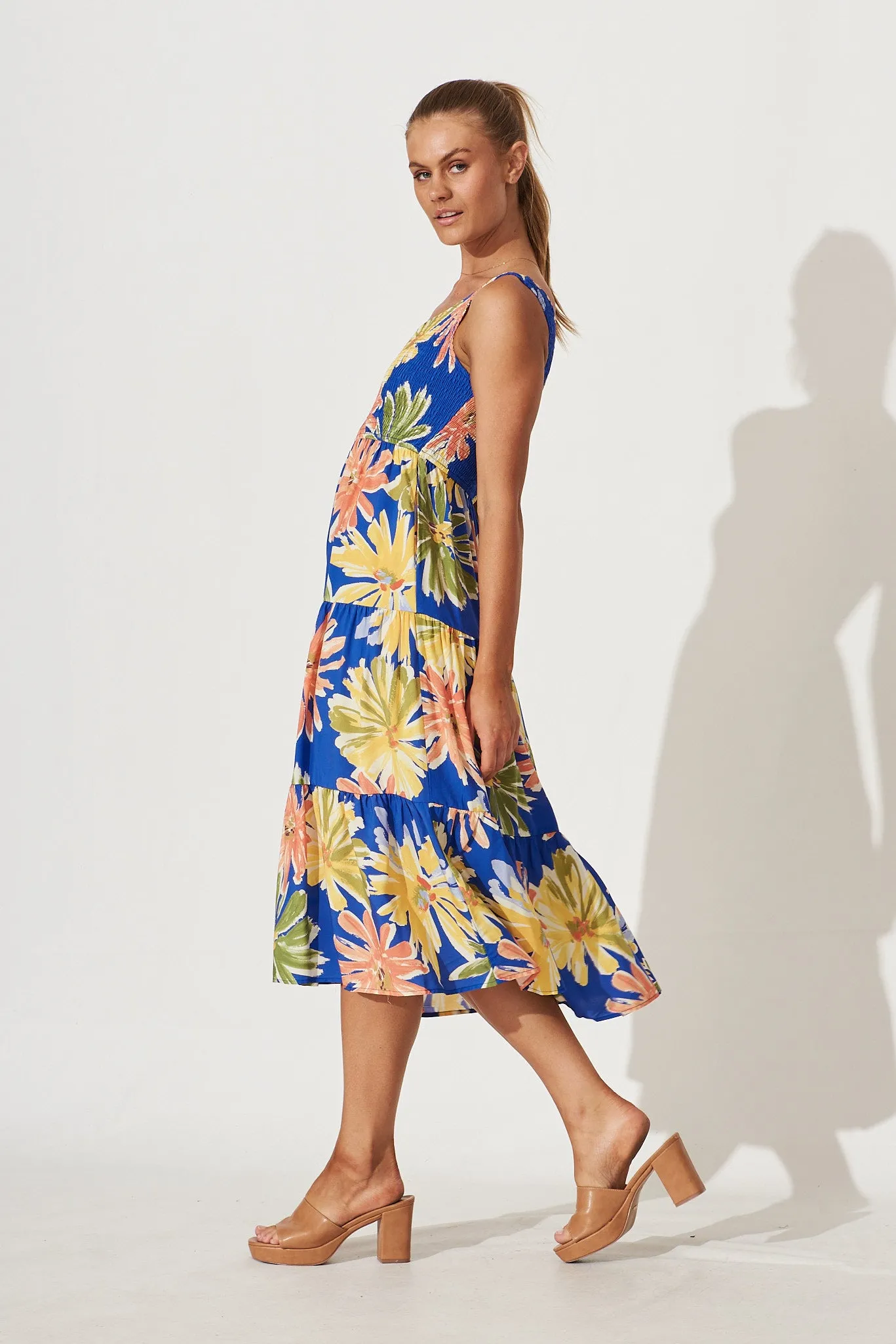 Coogee One Shoulder Midi Dress In Blue Multi Floral Print