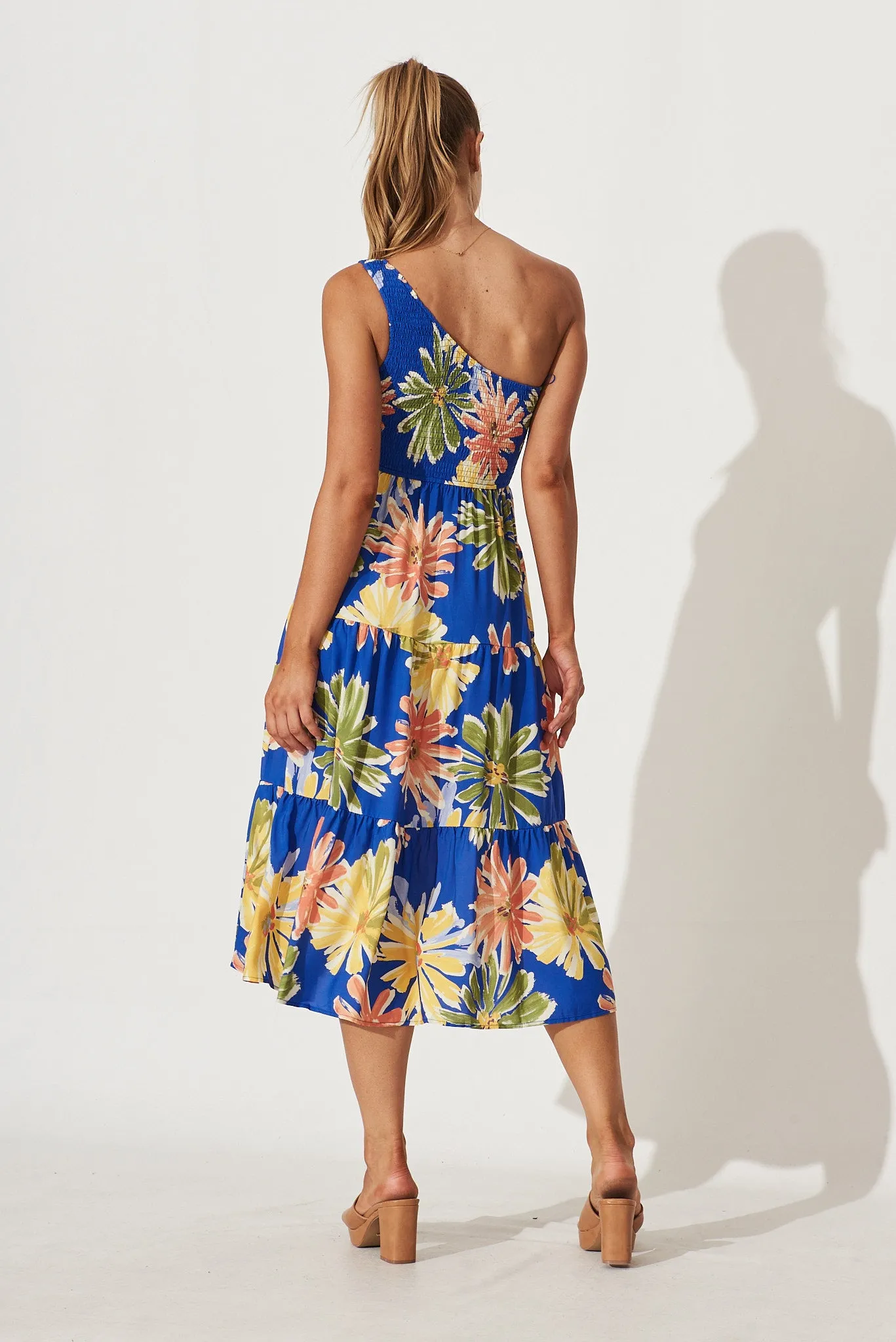 Coogee One Shoulder Midi Dress In Blue Multi Floral Print