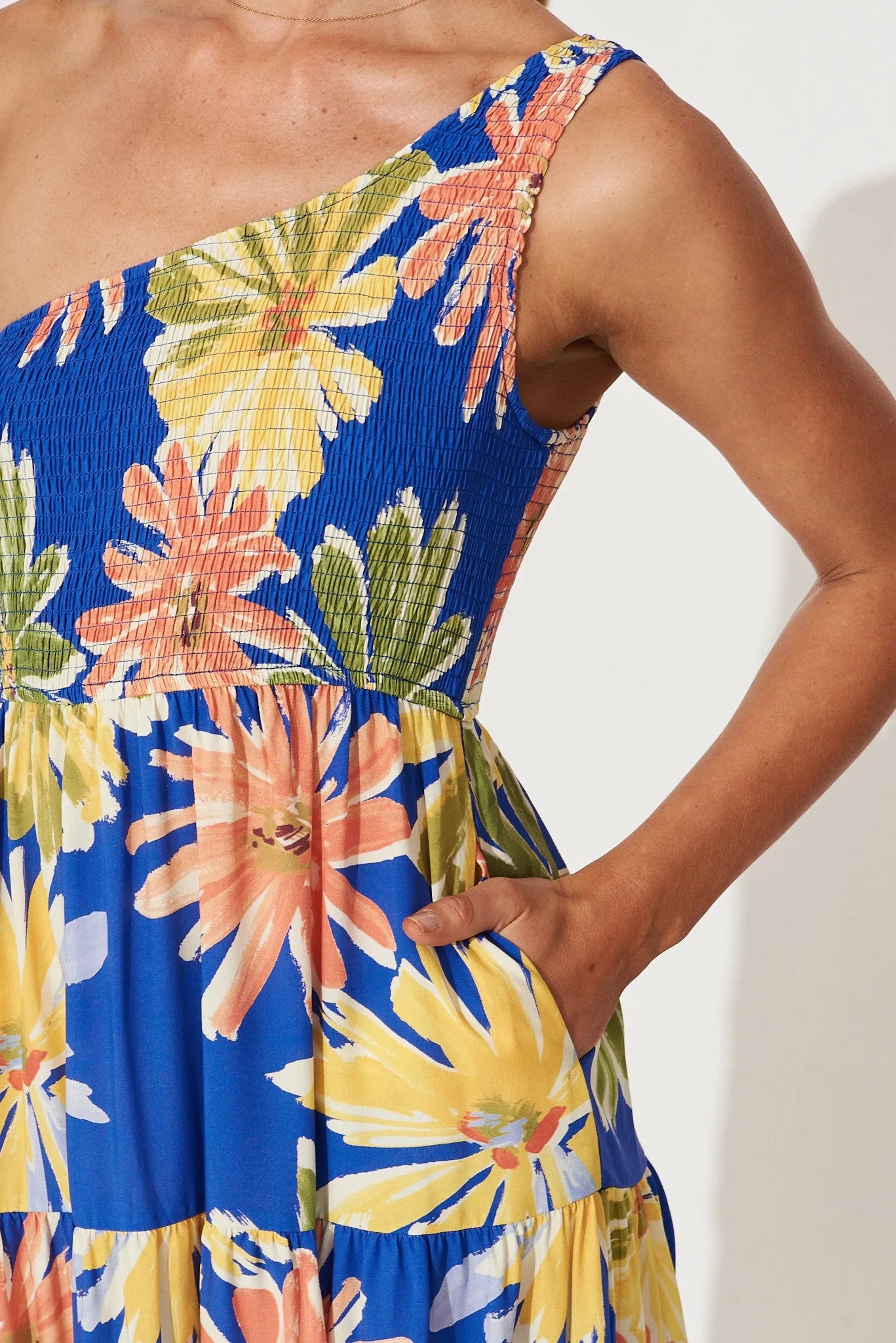 Coogee One Shoulder Midi Dress In Blue Multi Floral Print