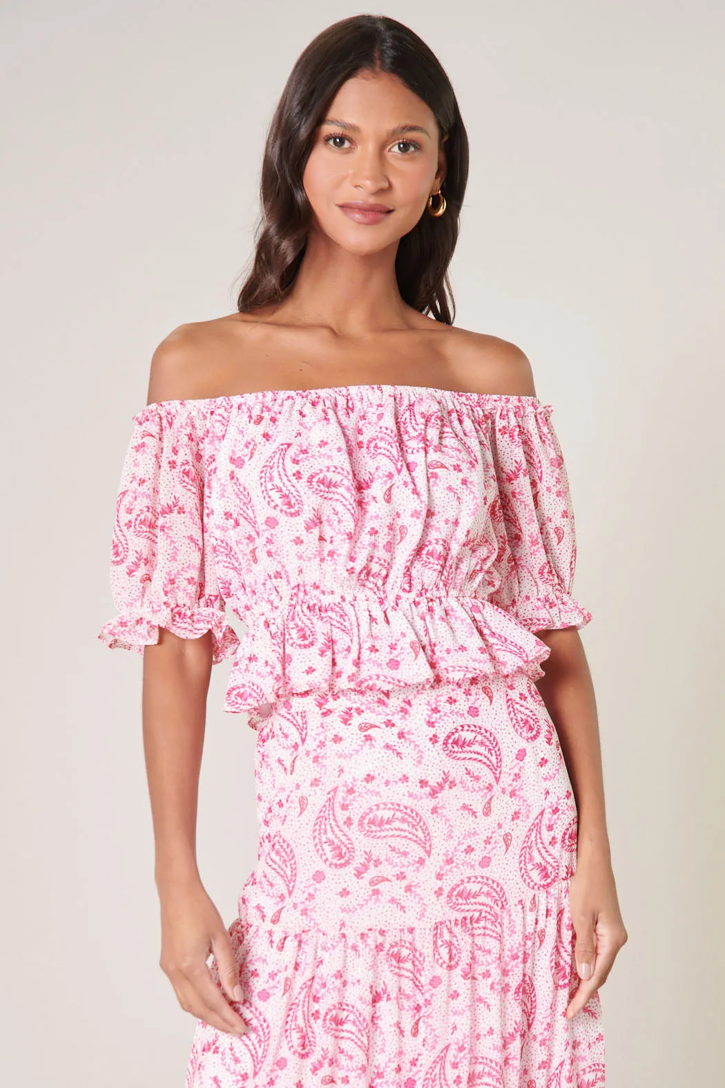 Corinna Paisley Edith Off the Shoulder Ruffle Top