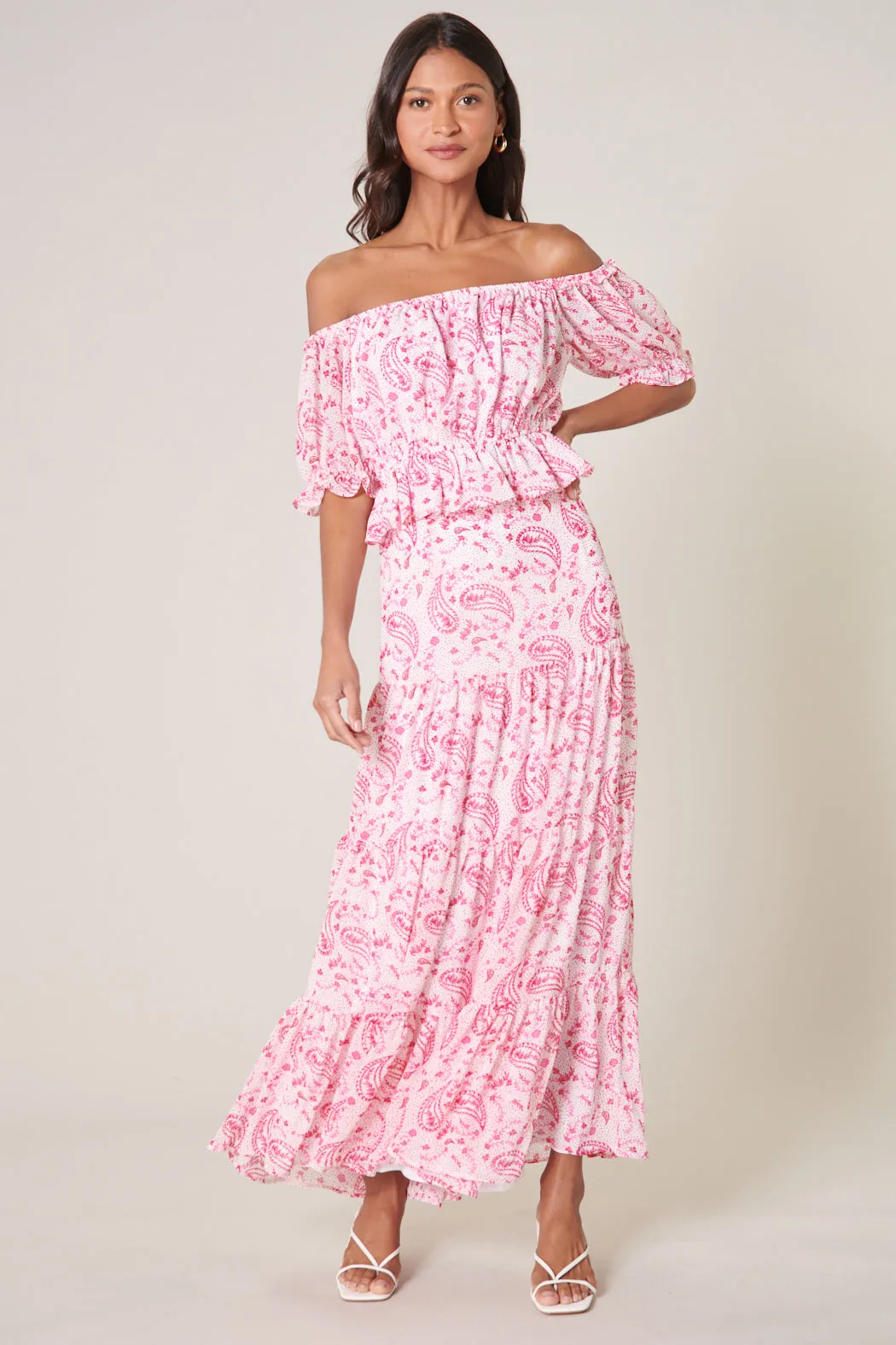 Corinna Paisley Edith Off the Shoulder Ruffle Top