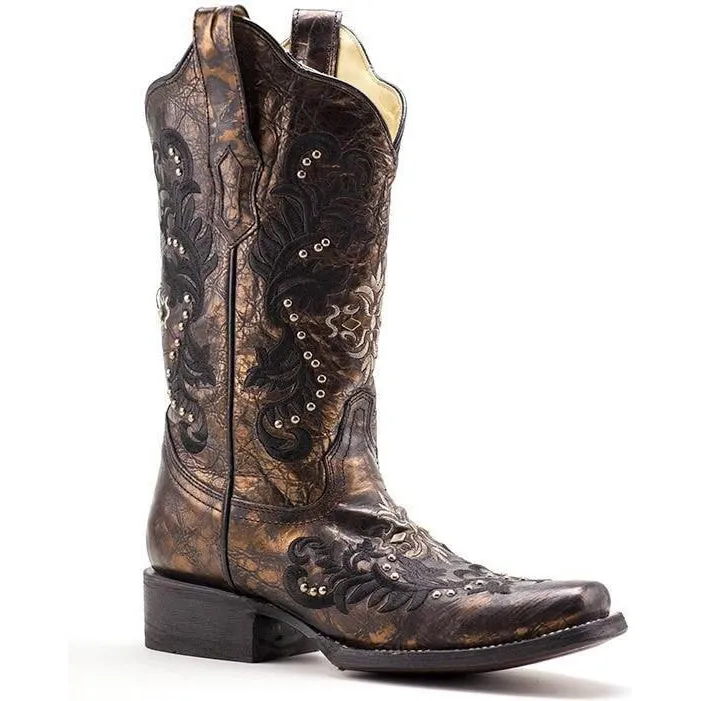 Corral Square Toe Black & Bronze Embroidered Boots with Studs - Style R1234