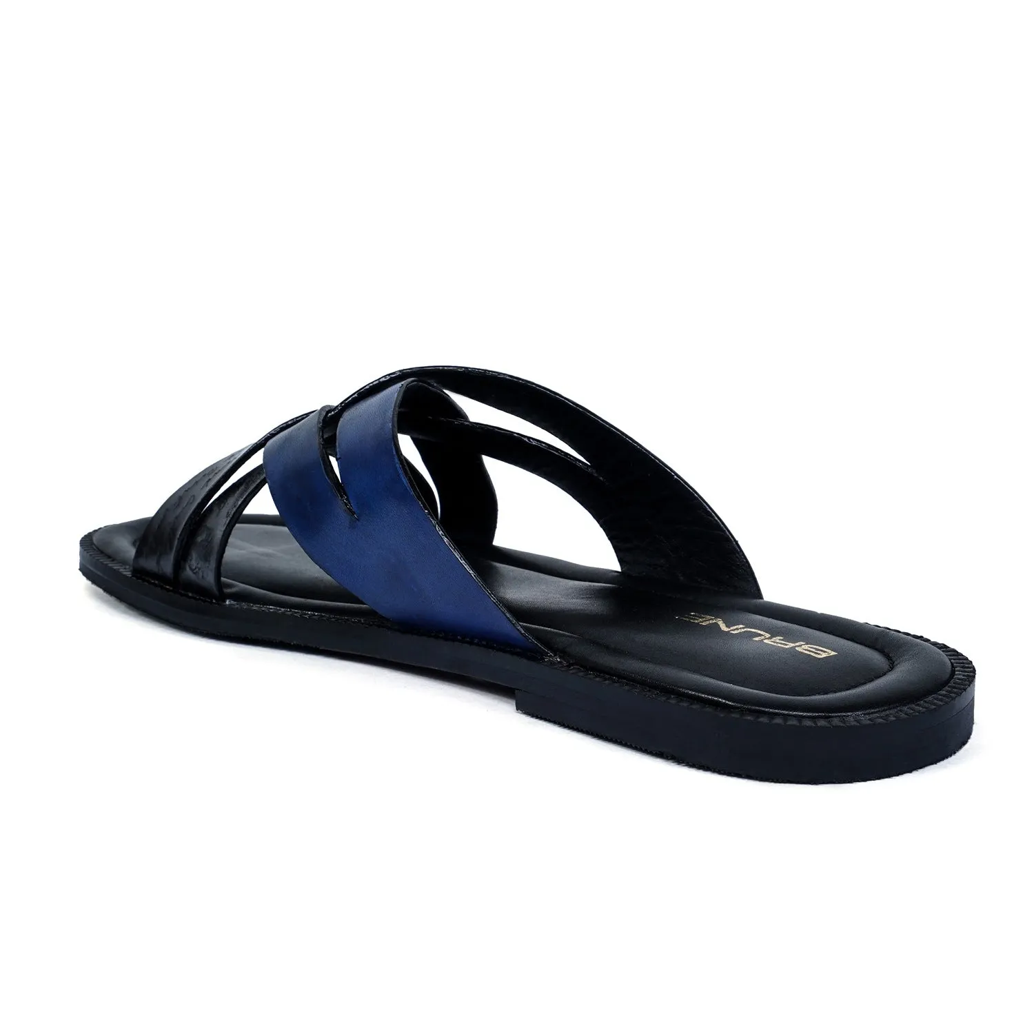 Cross Strap Welt Slide In Slippers with Laser Engraved Blue And Black Leather