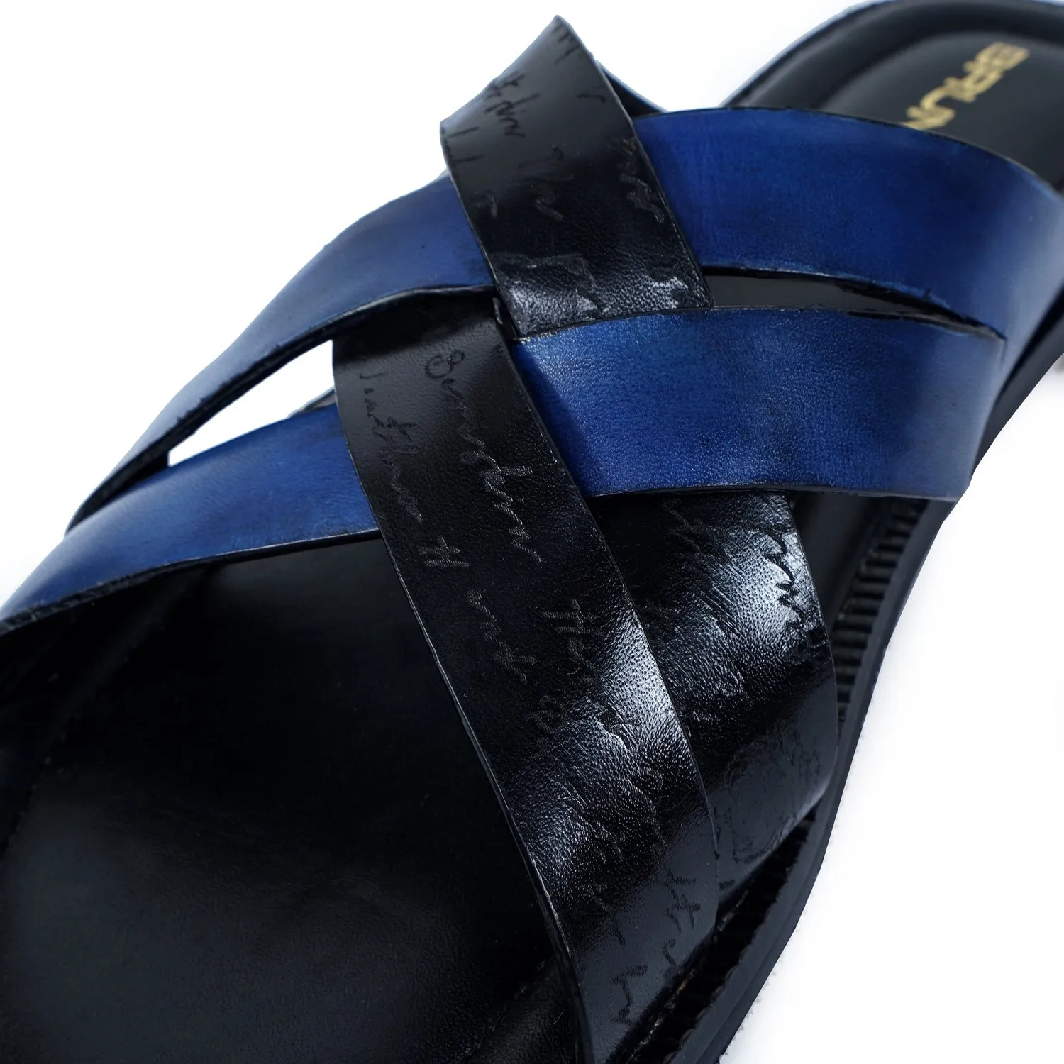 Cross Strap Welt Slide In Slippers with Laser Engraved Blue And Black Leather