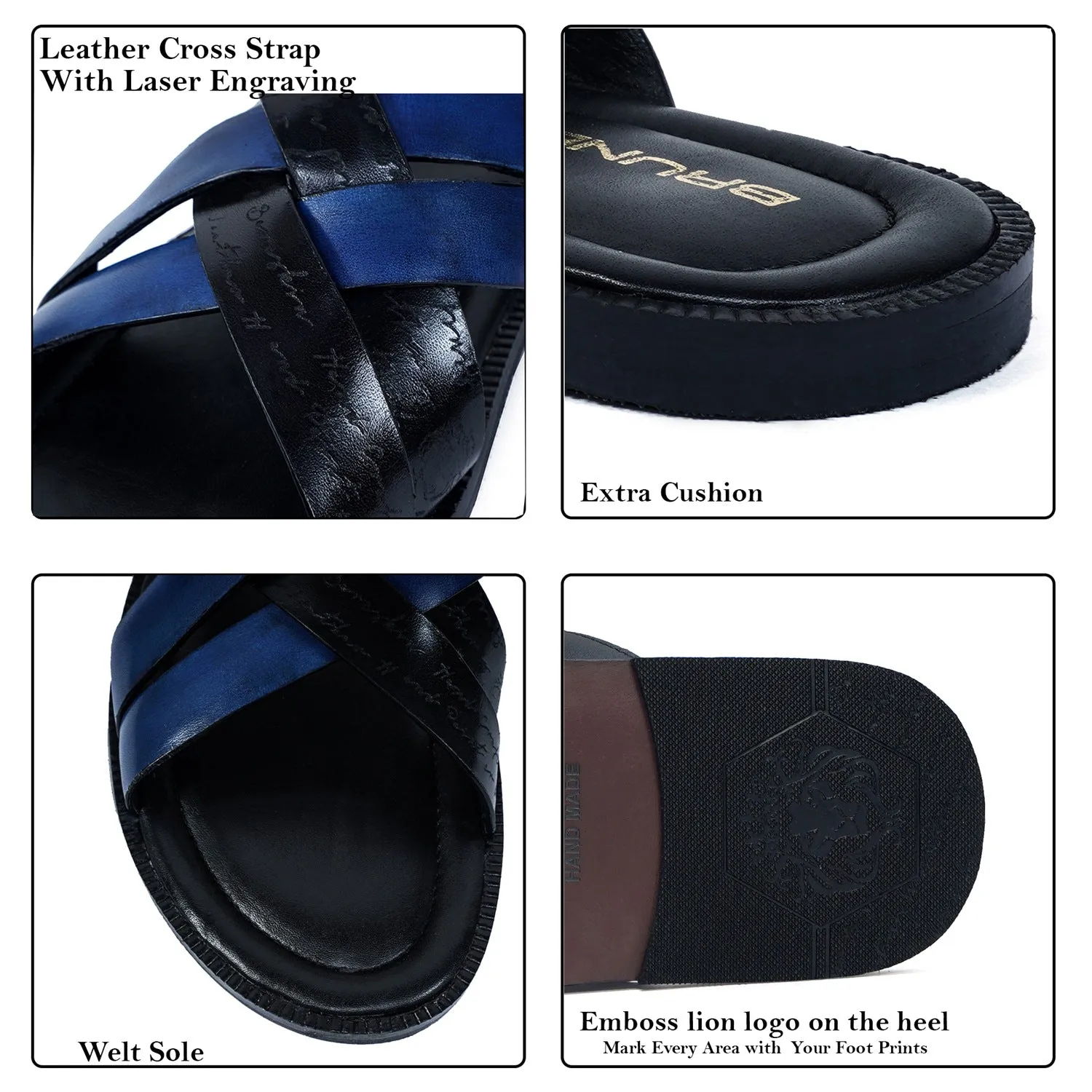 Cross Strap Welt Slide In Slippers with Laser Engraved Blue And Black Leather