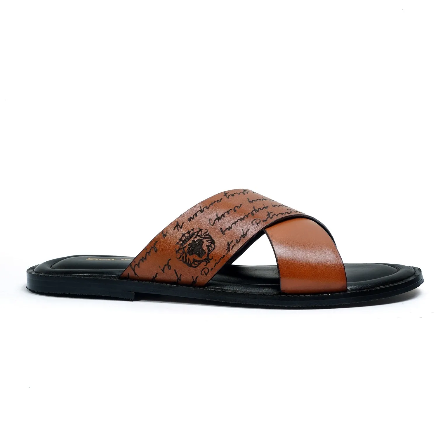 Cross Strapped Welted Tan Slide-in Slippers