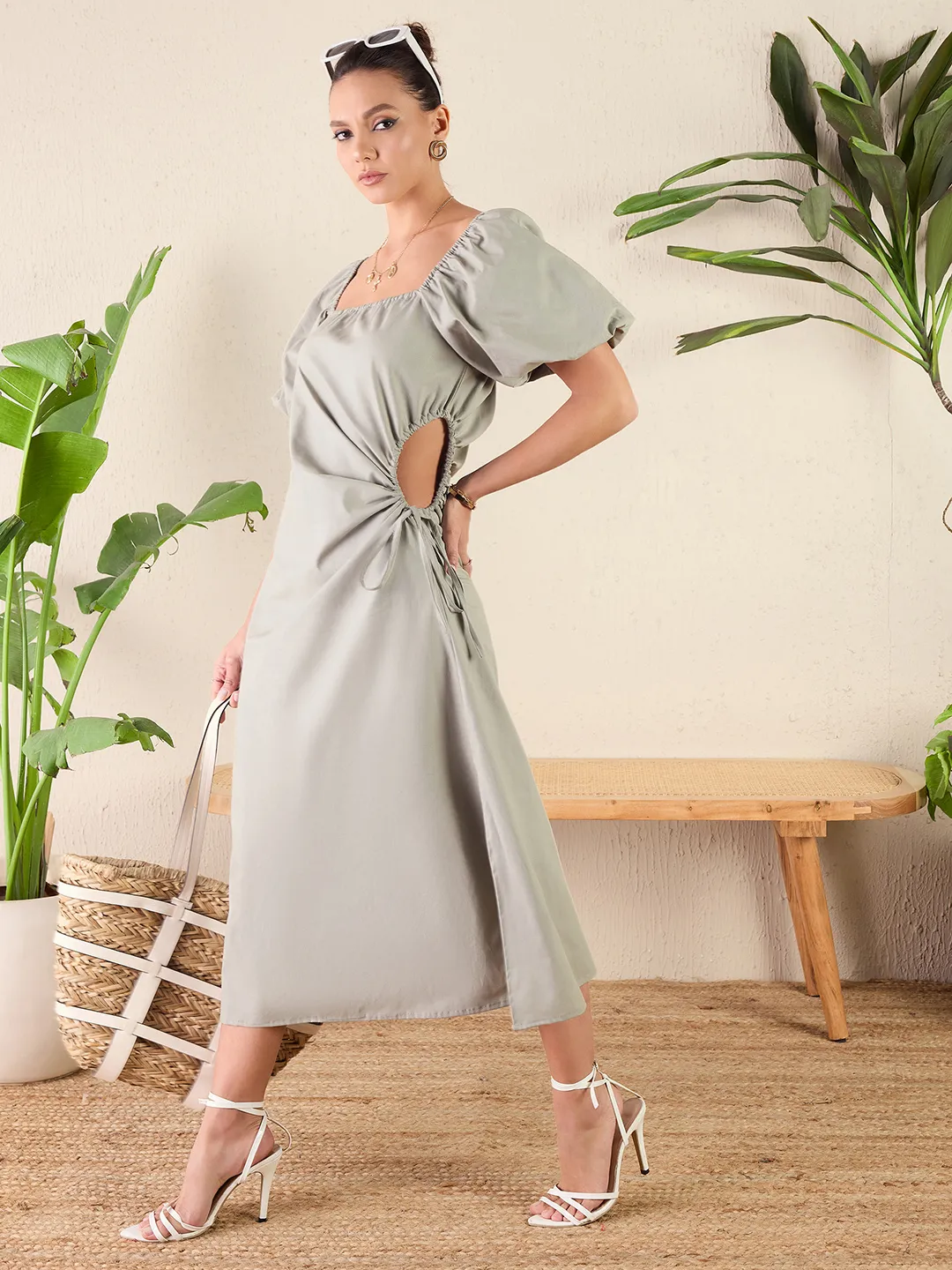 Cut-Out Midi Dress in Cotton Poplin Fabric