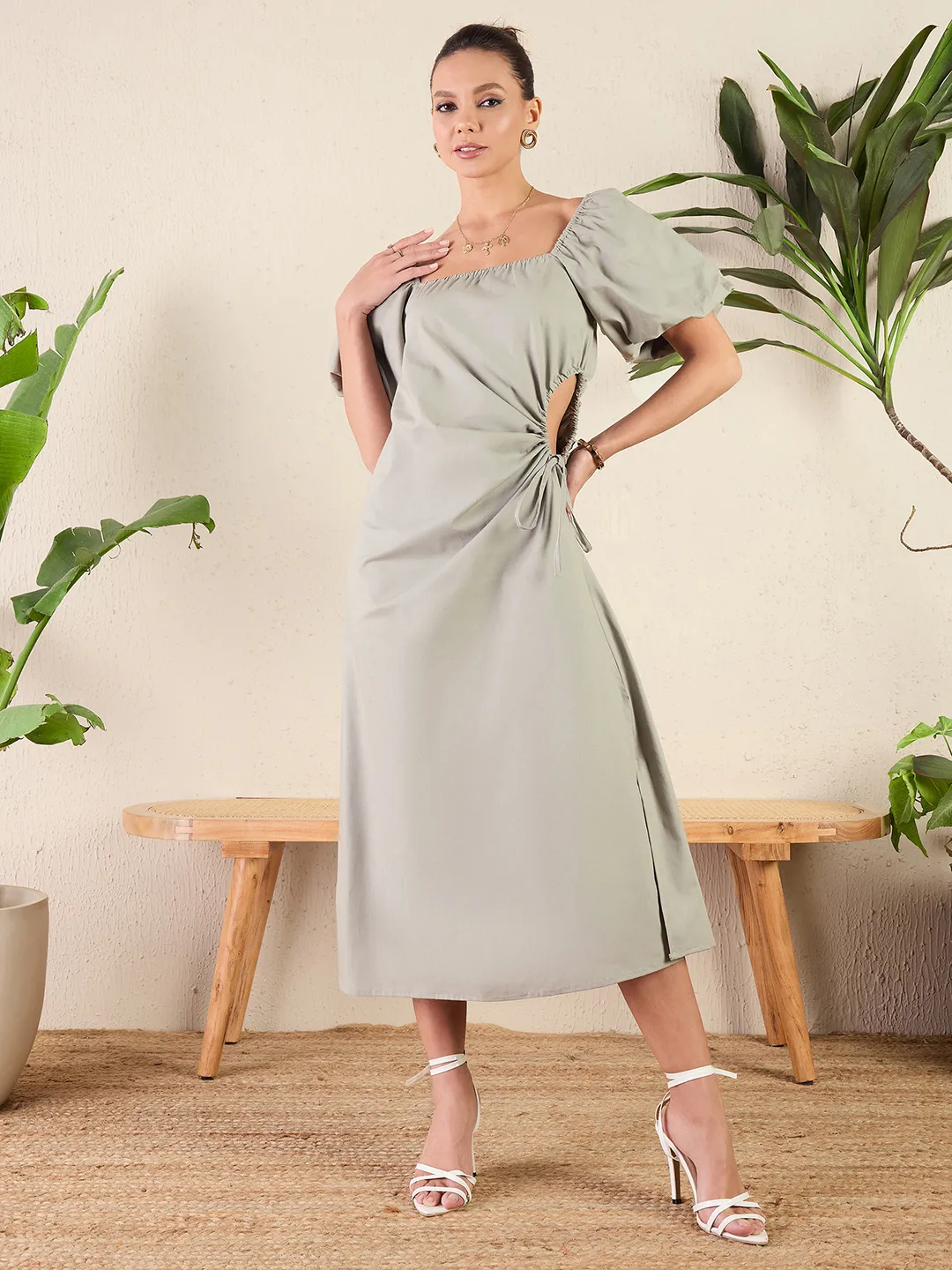 Cut-Out Midi Dress in Cotton Poplin Fabric