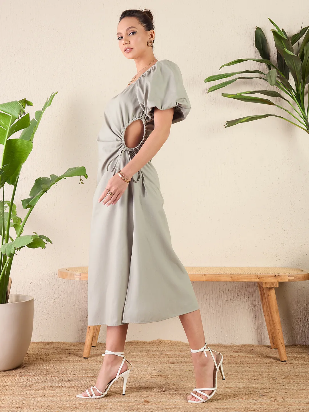 Cut-Out Midi Dress in Cotton Poplin Fabric