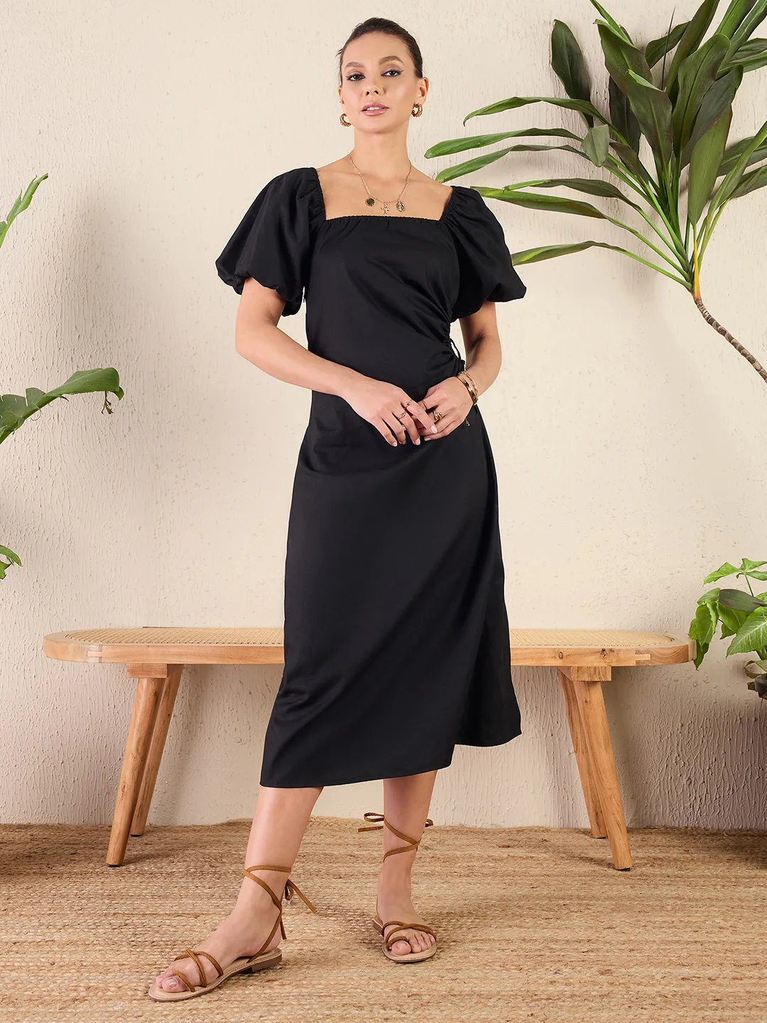 Cut-Out Midi Dress in Cotton Poplin Fabric