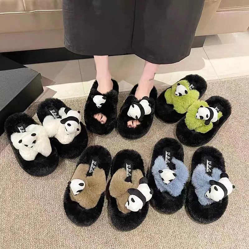 Cute cartoon furry slippers for women to wear outside 2023 new autumn high-end indoor home plush cotton slippers (S0716)