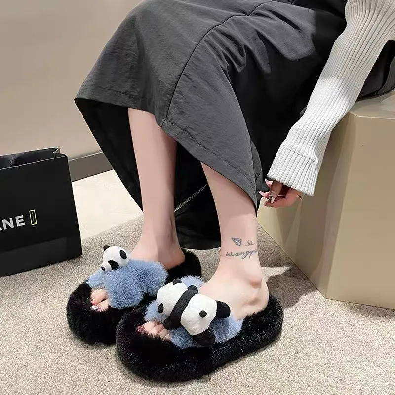 Cute cartoon furry slippers for women to wear outside 2023 new autumn high-end indoor home plush cotton slippers (S0716)