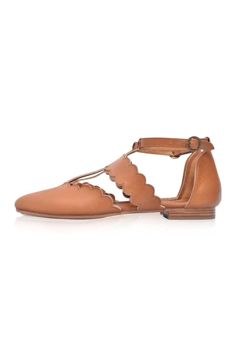 Dark Tan Leather Flats with Pointy Toe - Gardenia