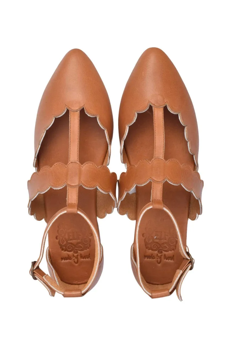 Dark Tan Leather Flats with Pointy Toe - Gardenia