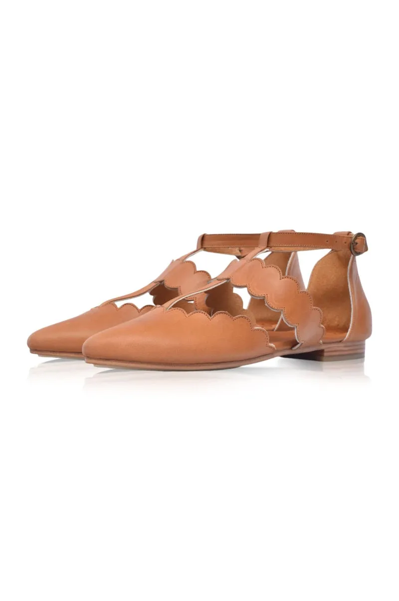 Dark Tan Leather Flats with Pointy Toe - Gardenia