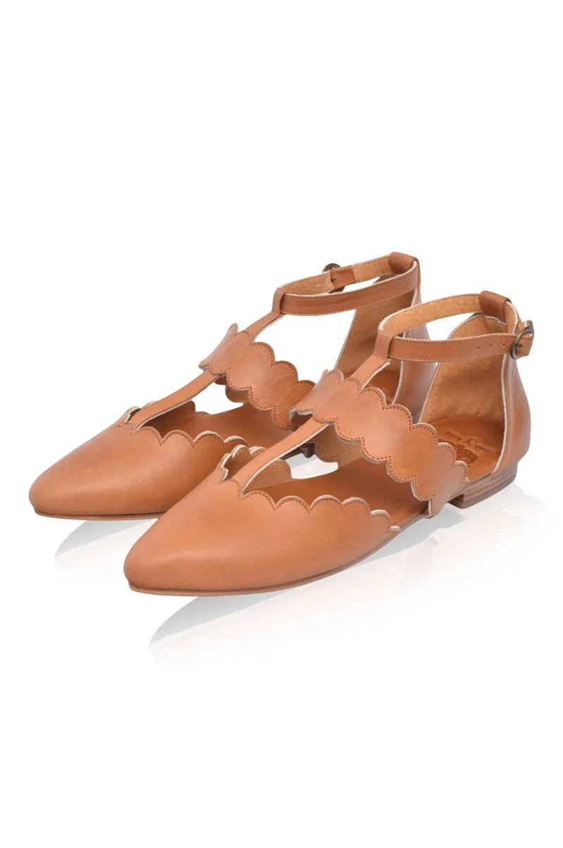 Dark Tan Leather Flats with Pointy Toe - Gardenia