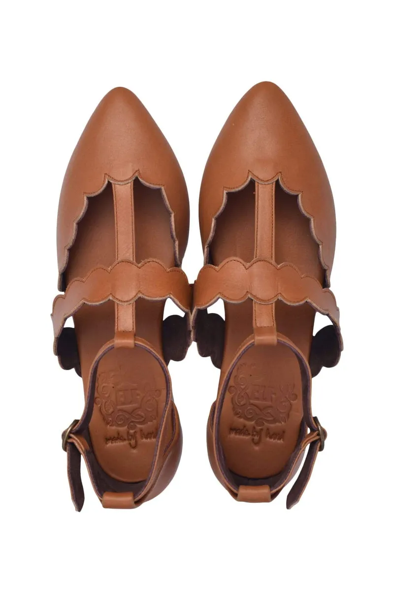 Dark Tan Leather Flats with Pointy Toe - Gardenia