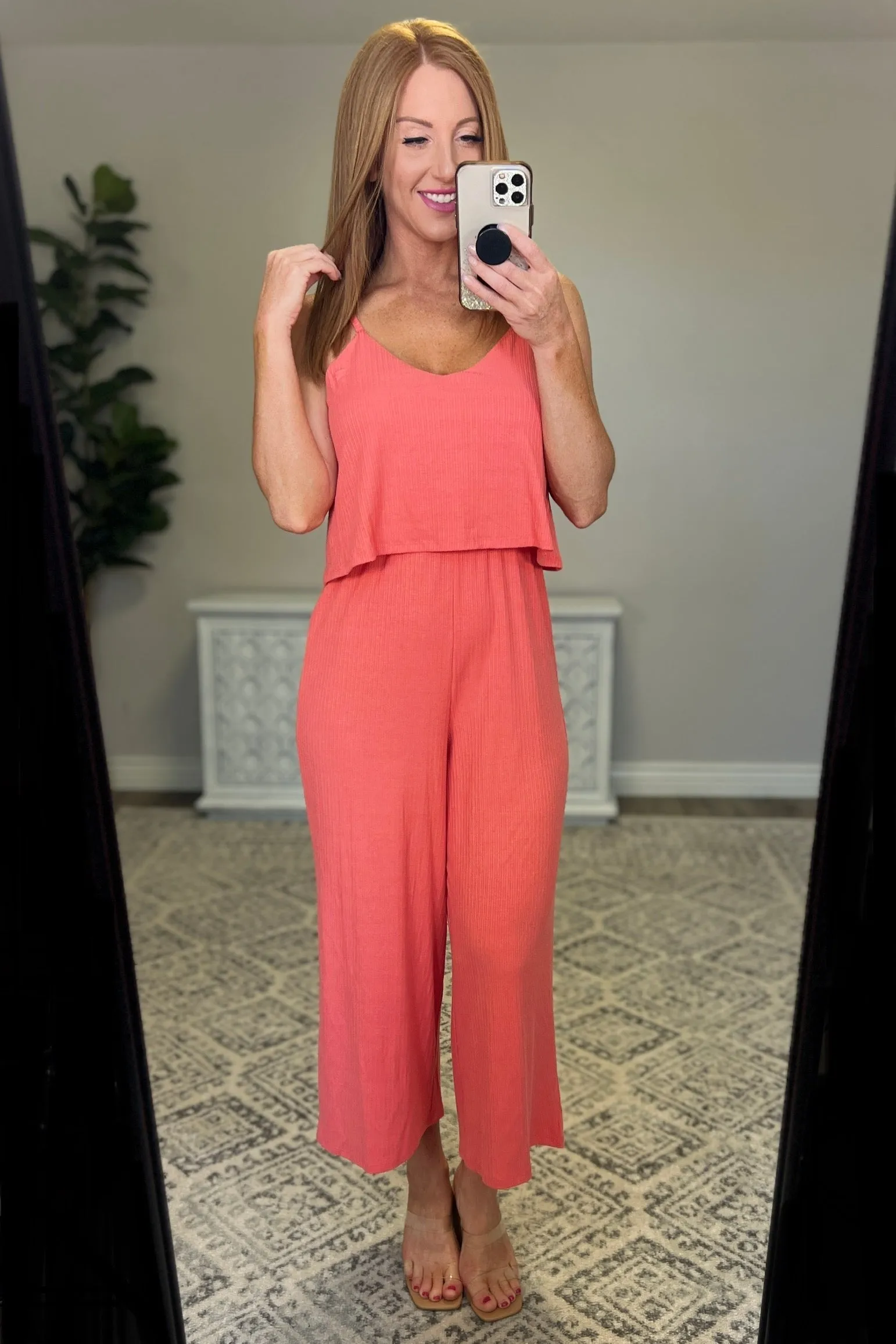 Deep Coral Ribbed Double Layer Jumpsuit