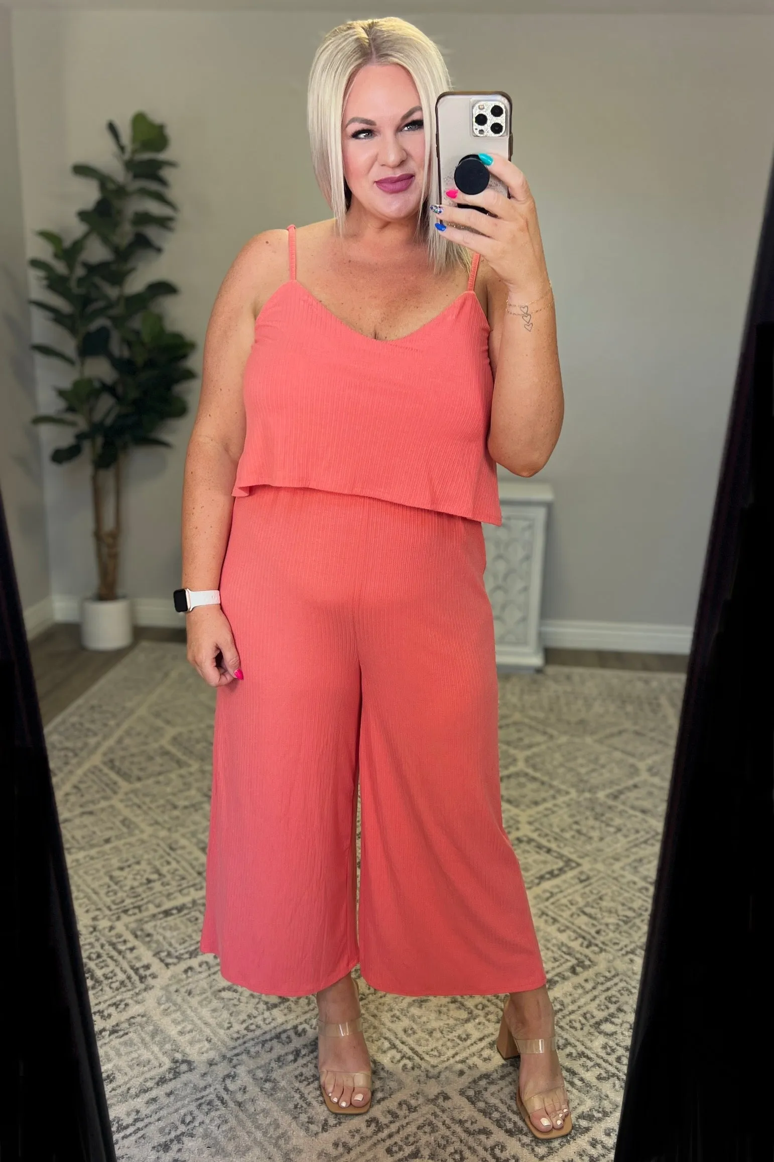 Deep Coral Ribbed Double Layer Jumpsuit