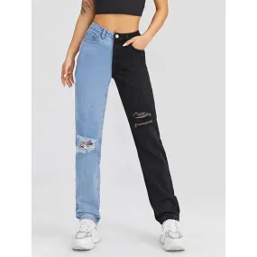 Ripped Two-Tone Denim Jeans