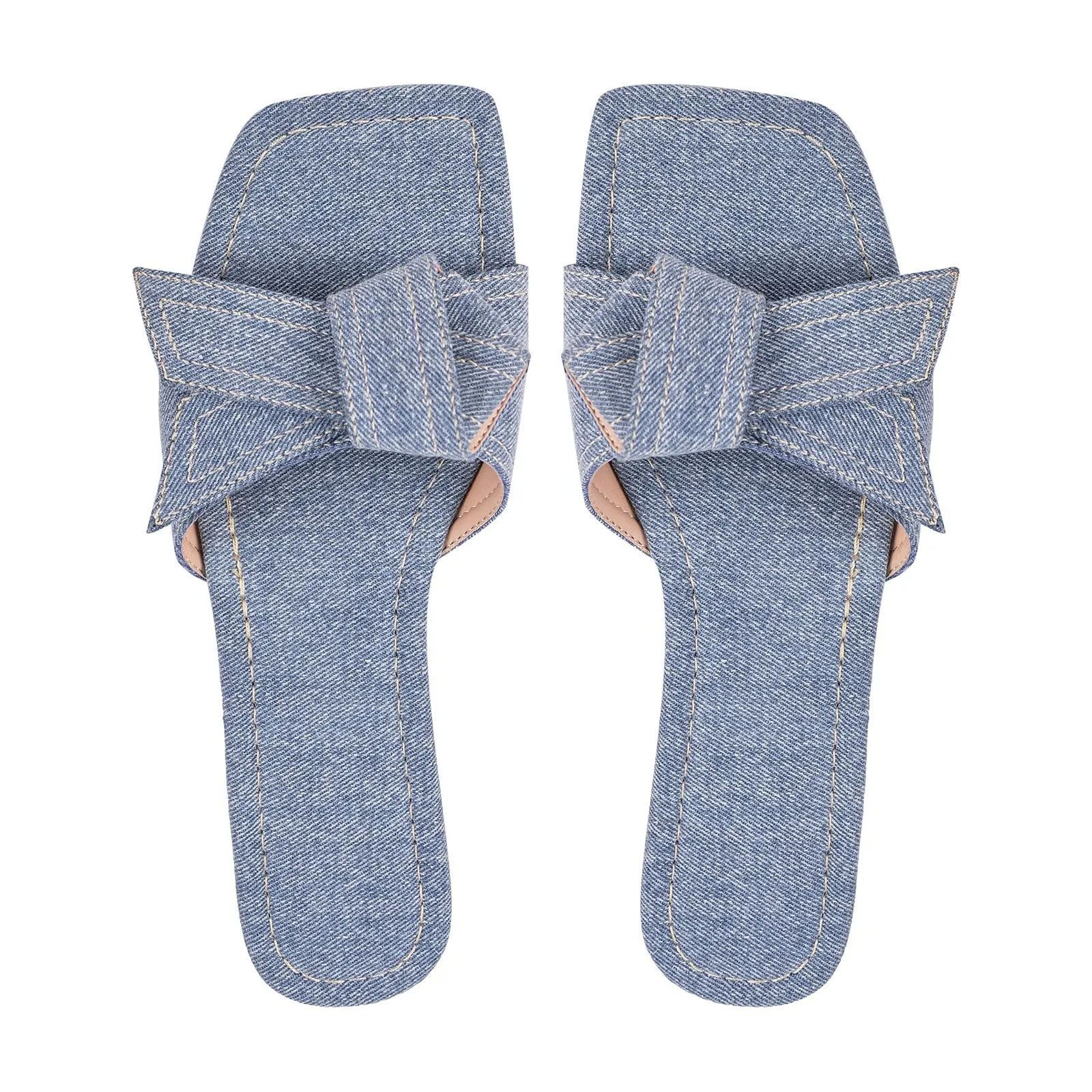 Square Toe Denim Flat Sandals.