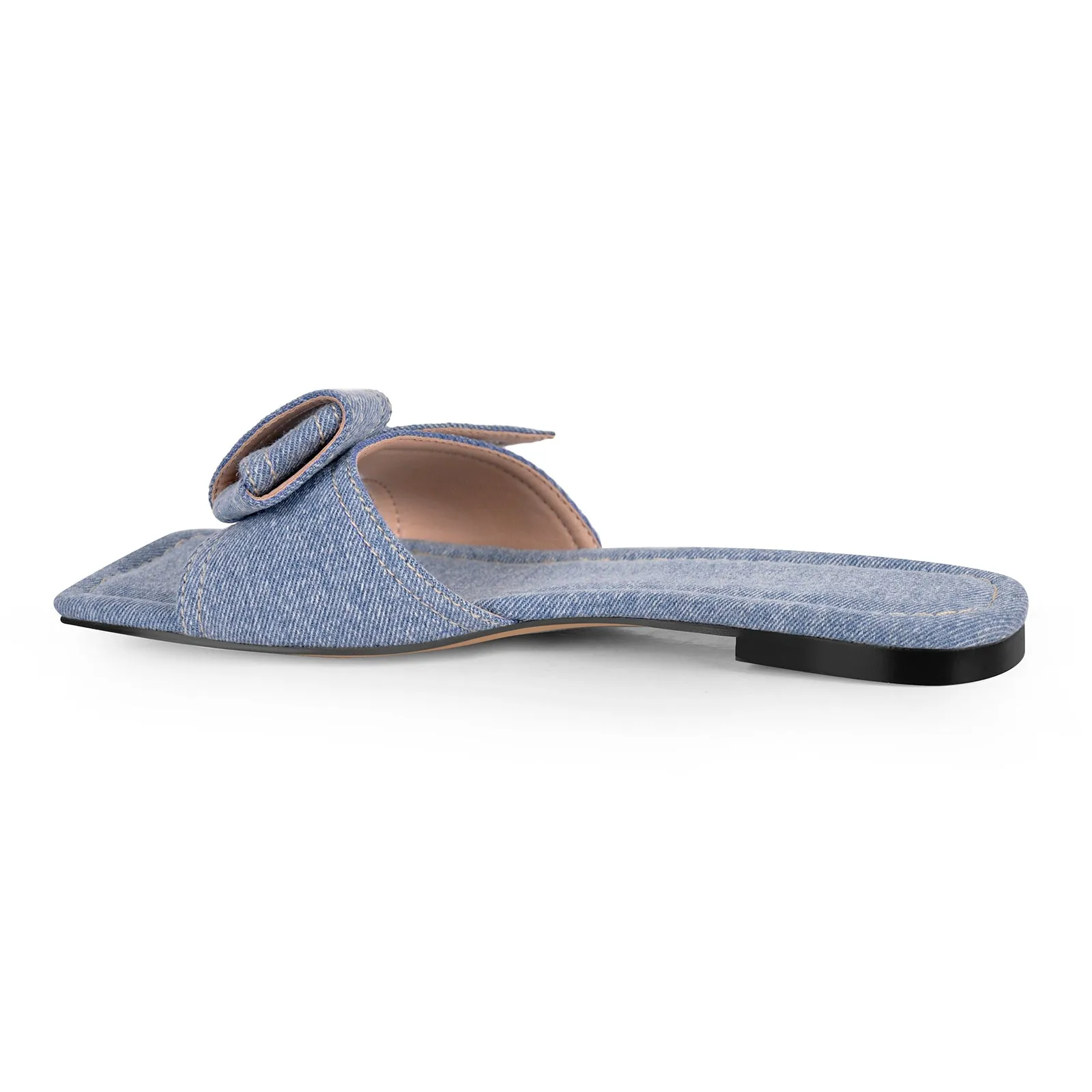 Square Toe Denim Flat Sandals.