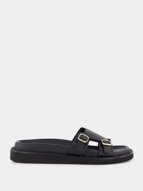 Double Buckle Leather Slides