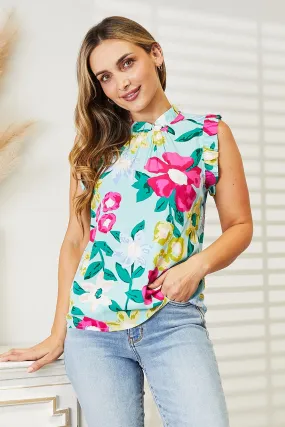 Floral Print Ruffle Shoulder Blouse - Double Take