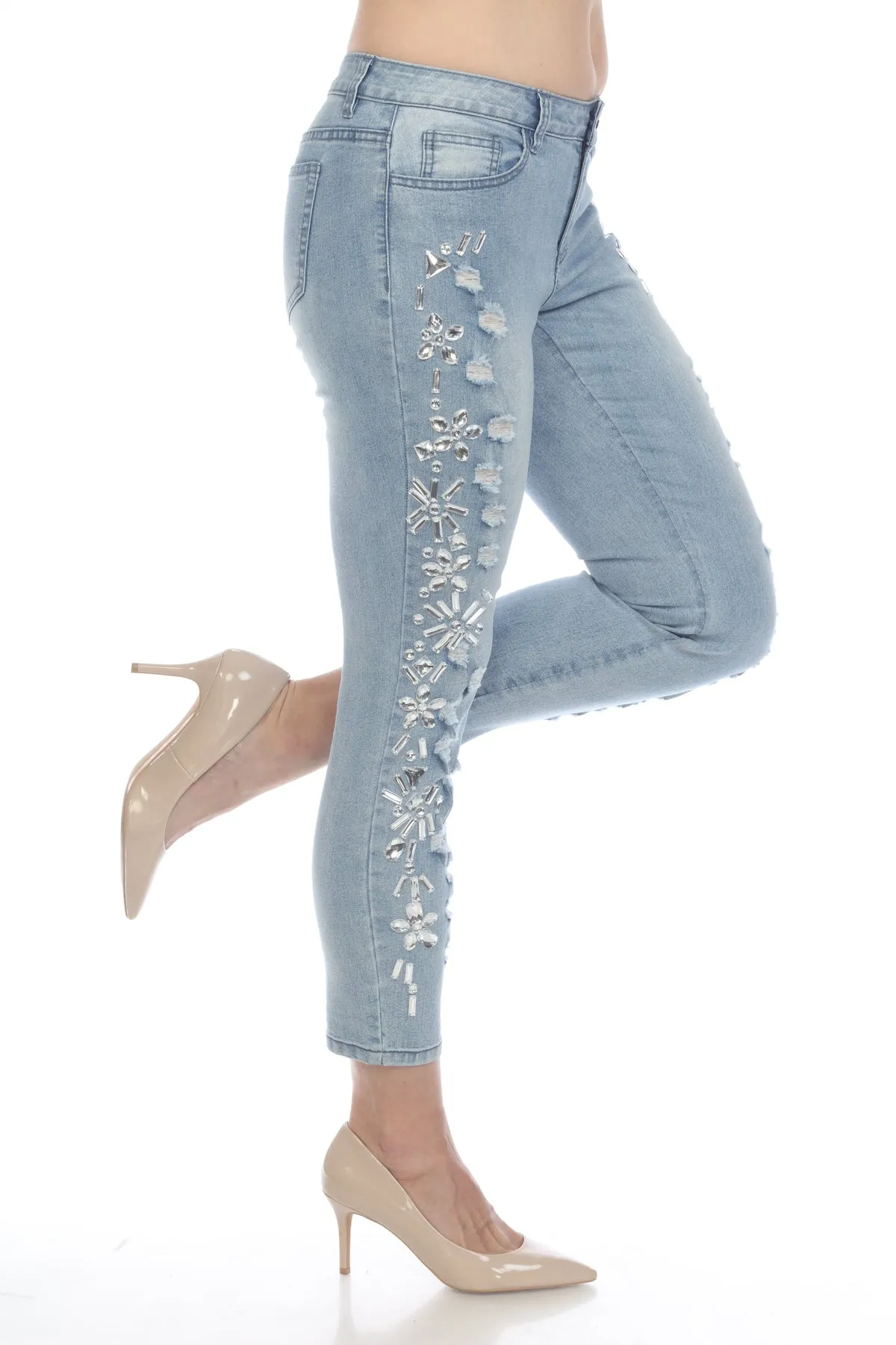 Eva Skinny Jeans with Light Wash and Rhinestones