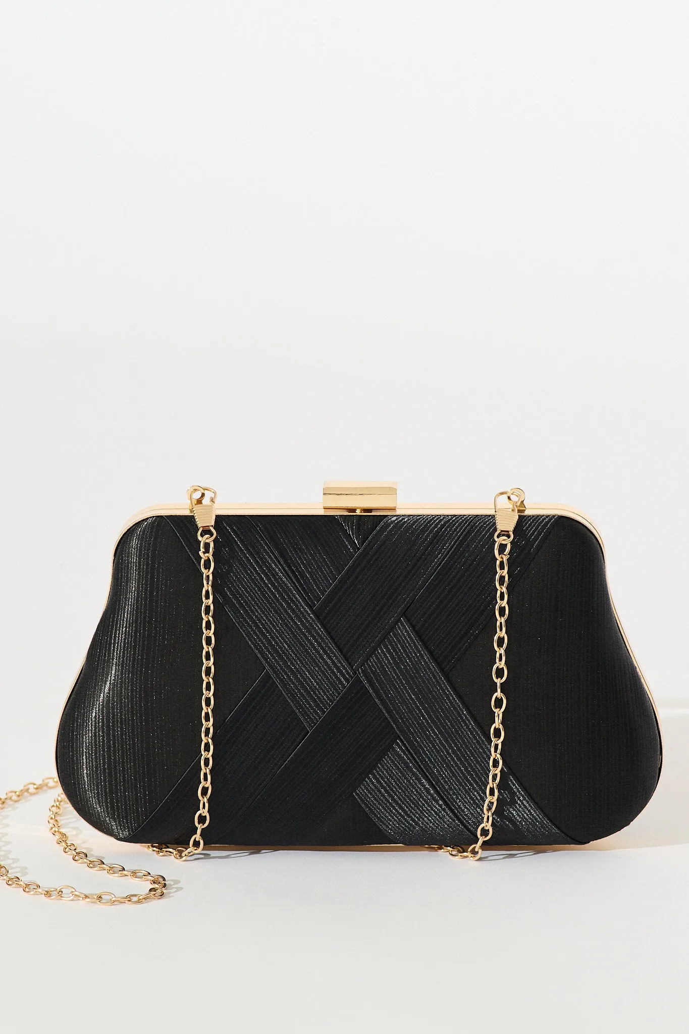 Evie Clutch Bag In Black Pleated Satin