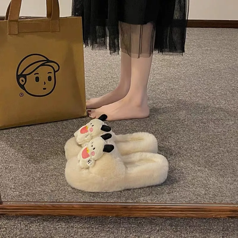 Fashionable and cute cartoon fur slippers for women's outer wear 2023 new autumn ins trendy versatile rabbit fur slippers (S0715