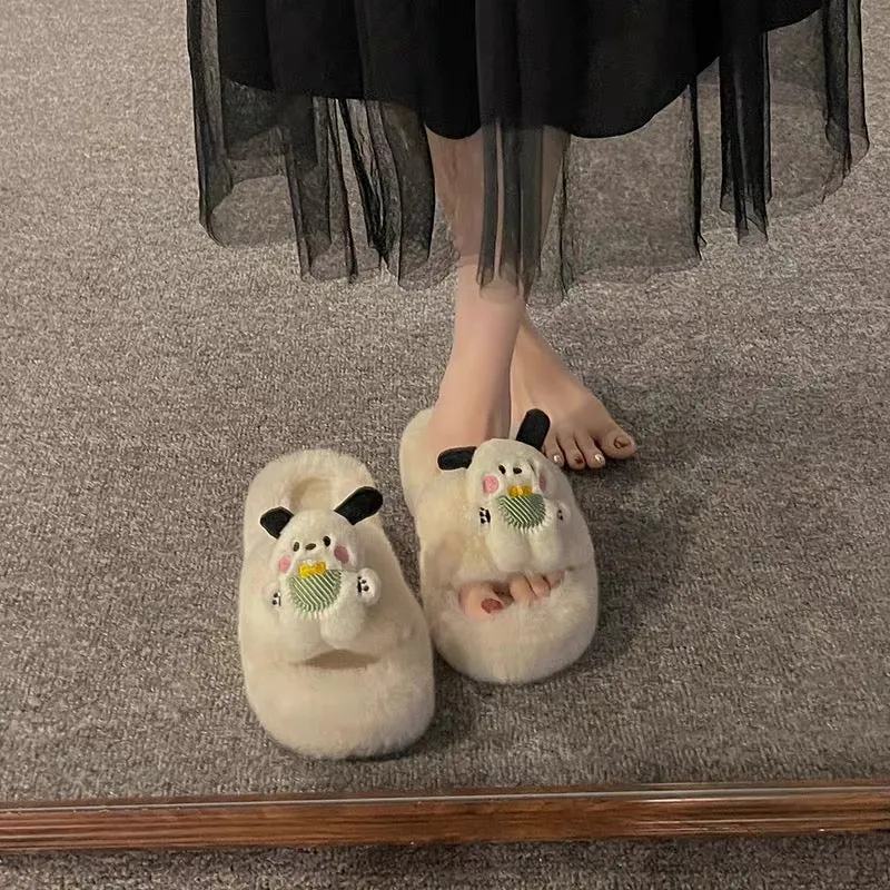 Fashionable and cute cartoon fur slippers for women's outer wear 2023 new autumn ins trendy versatile rabbit fur slippers (S0715