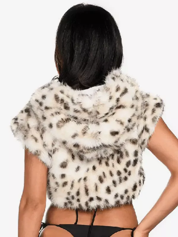 Faux Fur Crop Top With Hood Sleeveless Leopard Print Sexy Clubwear For Women 2025