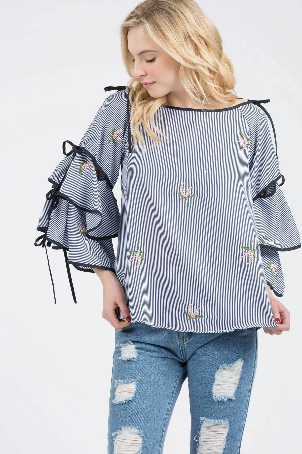 Floral Bell Sleeve Navy Blue Top