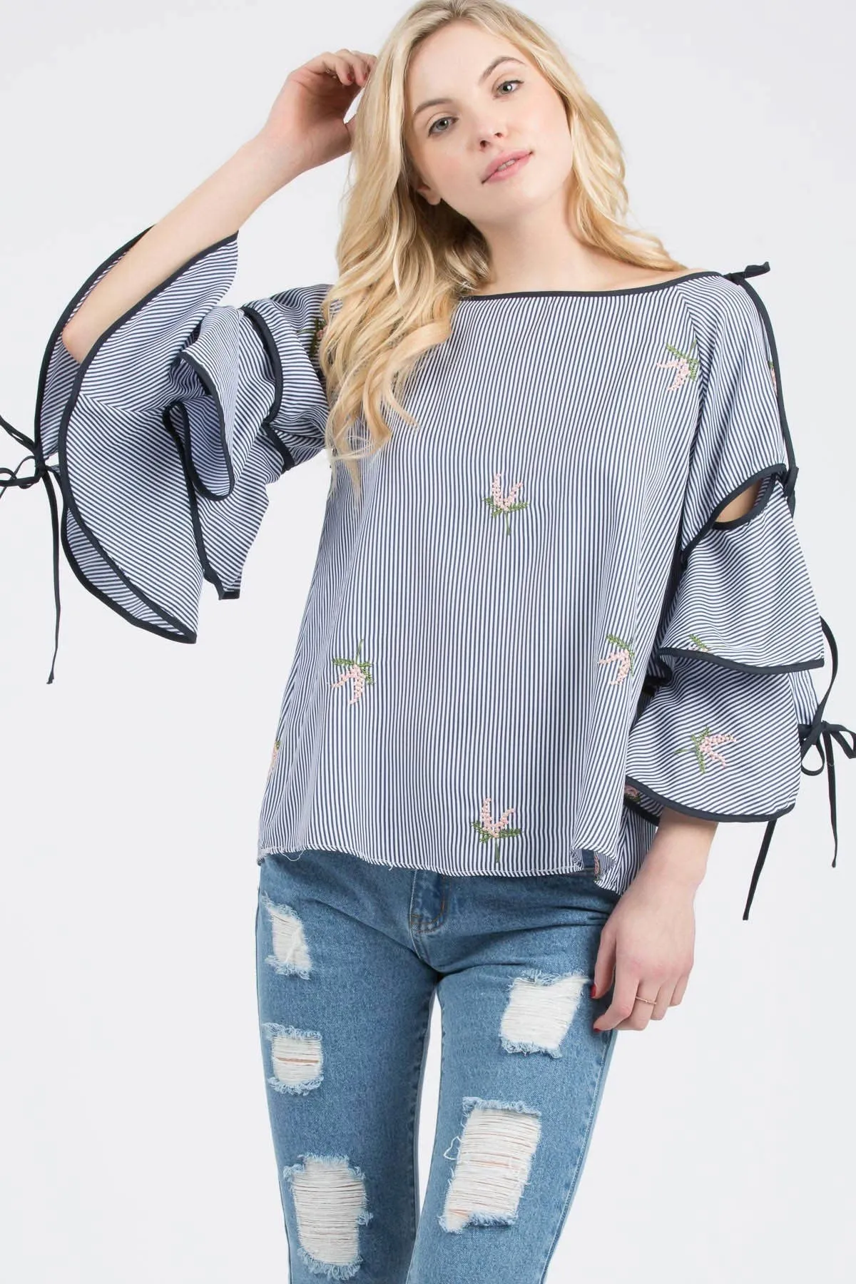 Floral Bell Sleeve Navy Blue Top