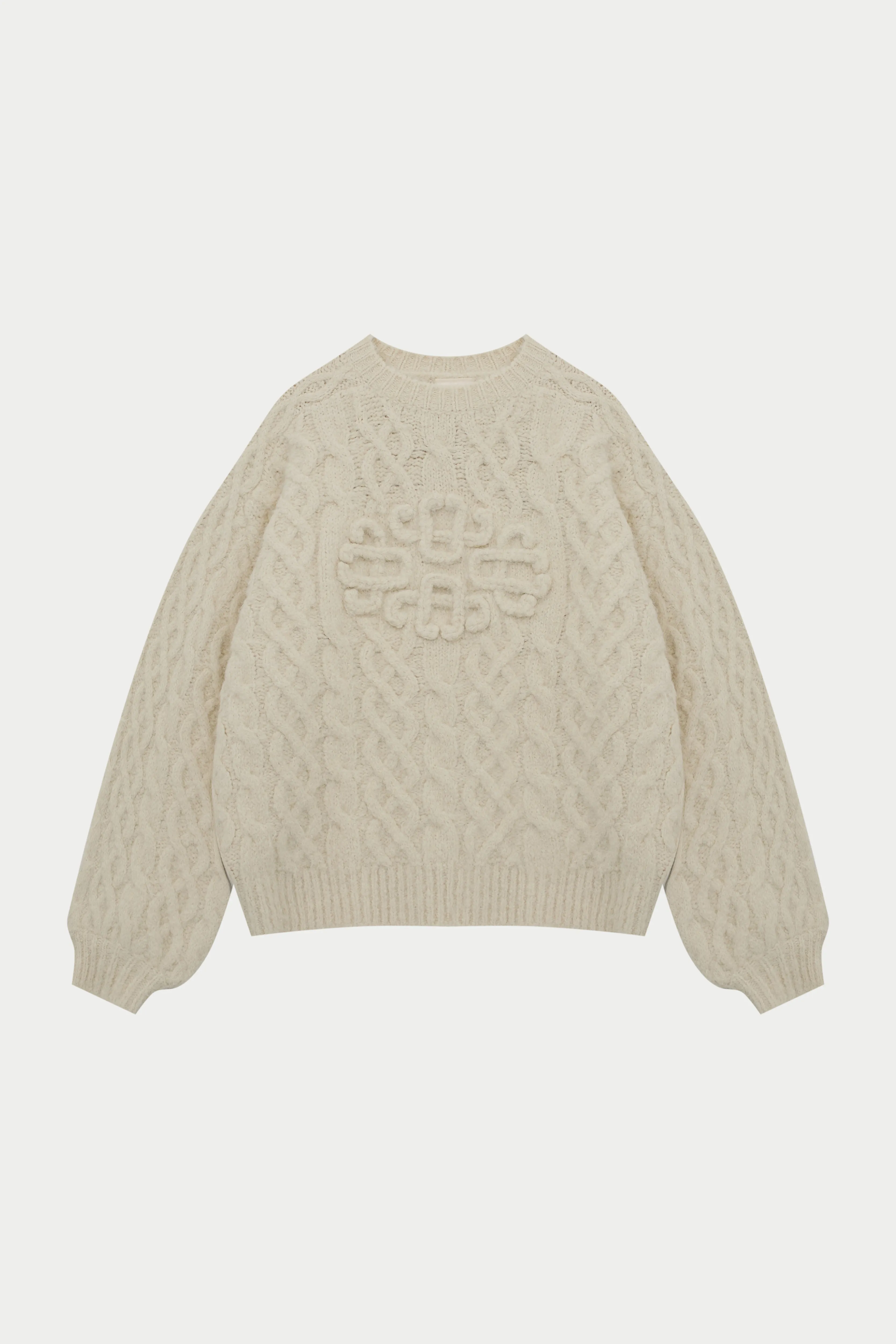 FLUFFY CABLE KNIT EMBLEM JUMPER - BEIGE