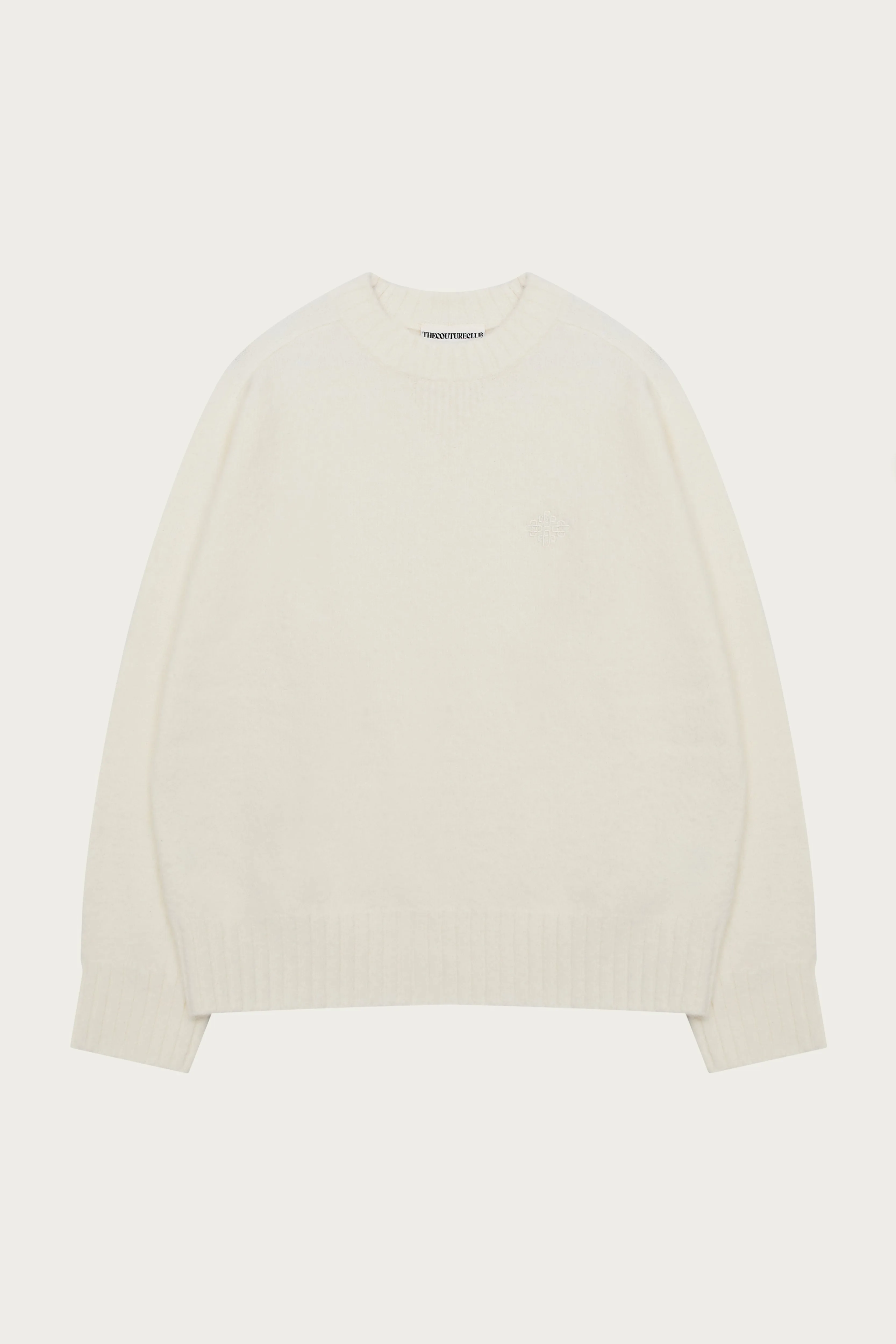 FLUFFY KNIT EMBLEM EMBROIDERED CREW - OFF WHITE