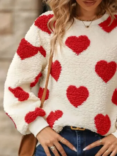 Fuzzy Heart Dropped Shoulder Sweatshirt