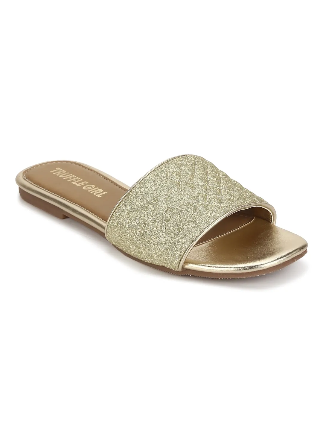 Gold Quilted PU Slide on Flat Sandals