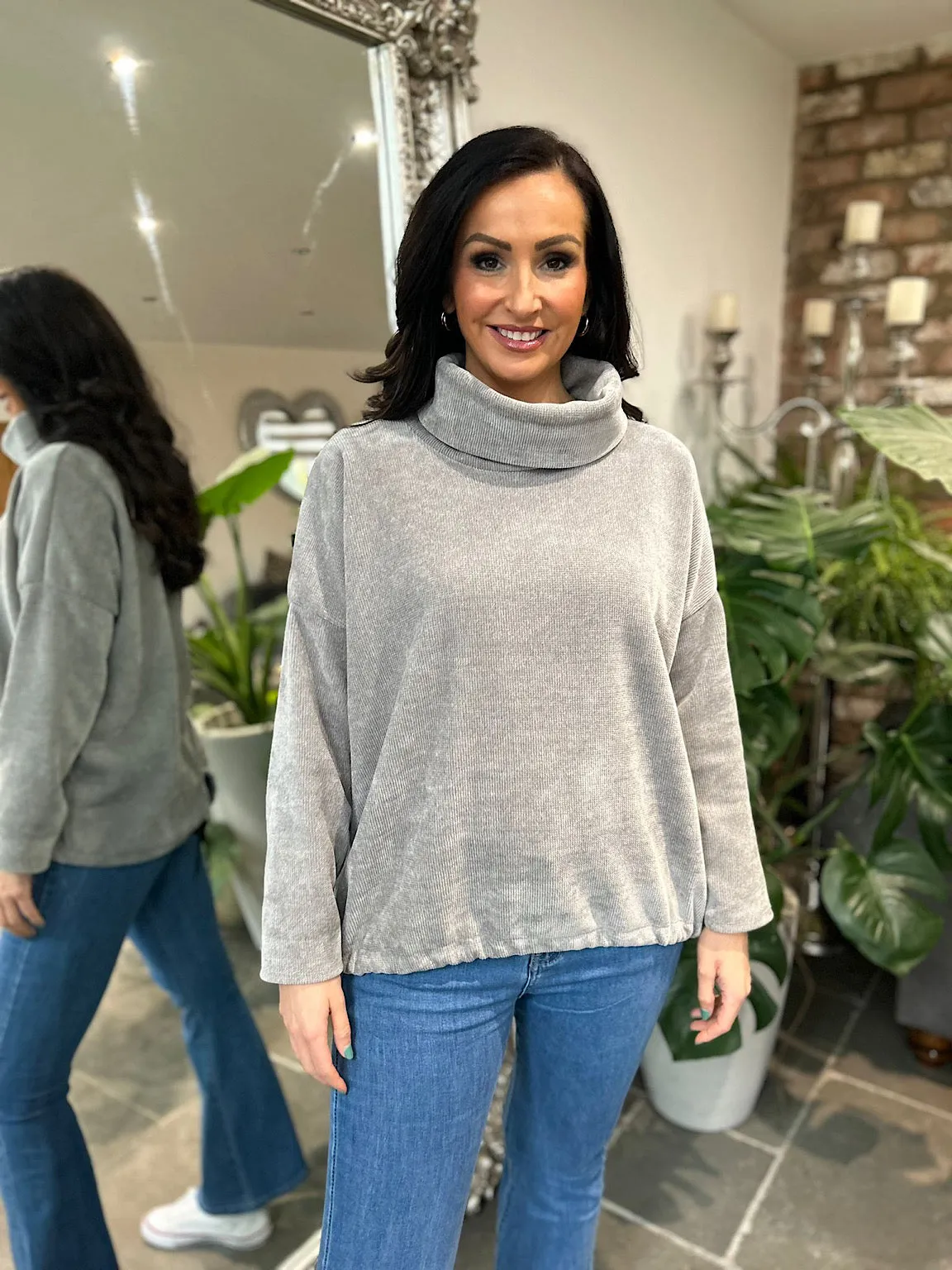 Gray Textured Knit Cowl Neck Sweater