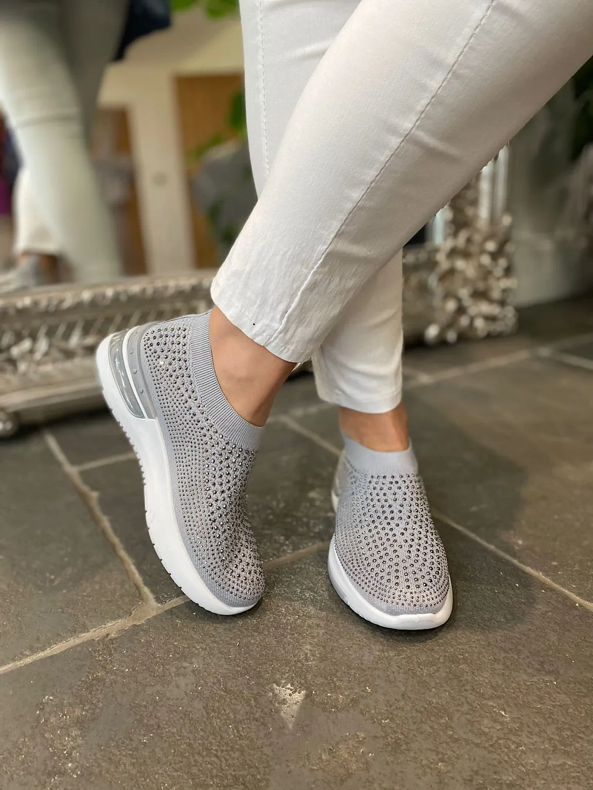 Grey Diamante Krystal Trainers