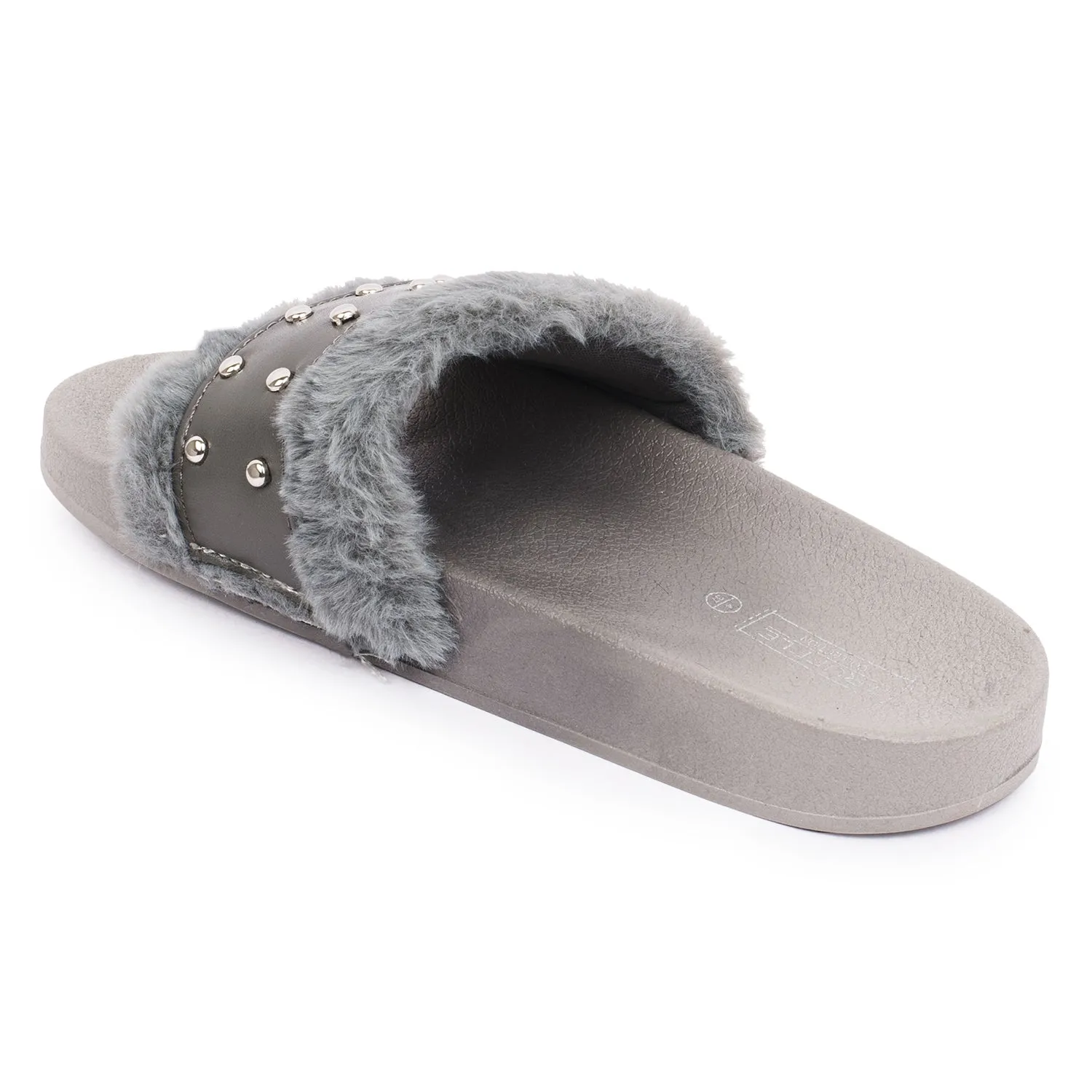 Grey Studded Fur Flat Sliders