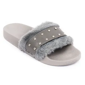 Grey Studded Fur Flat Sliders